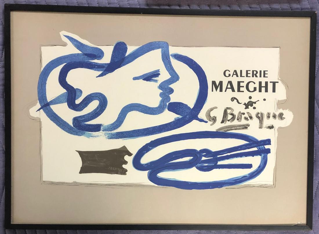 VINTAGE FRAMED & SIGNED FRENCH G. BRAQUE "GALERIE: GEORGES BRAQUE 1882-1963 - FRANCE - CUBIST INTERIOR AND STILL LIFE PAINTING, COLLAGE AND LITHOGRAPHY