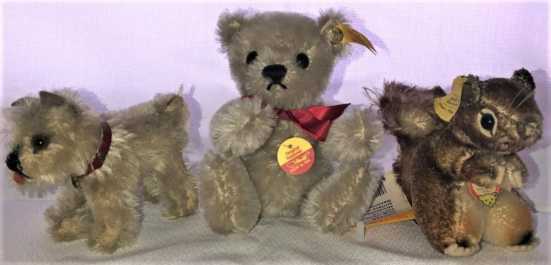LOT 3 STEIFF MOHAIR ANIMALS W/ ORIGINAL TAGS & BUTTONS: BEAR, SQUIRREL AND DOG