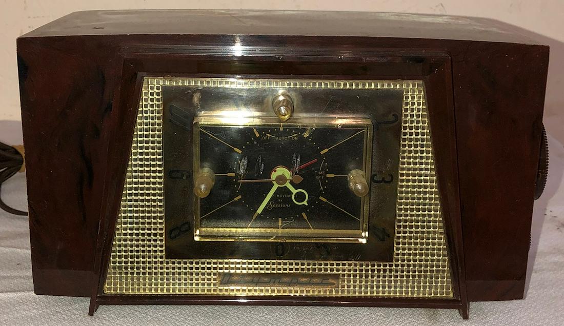 VINTAGE BAKELITE "OLYMPIC" SESSIONS TUBE CLOCK / RADIO: MANUFACTURED BY OLYMPIC RADIO & TELEVISION INC. LONG ISLAND, N.Y.