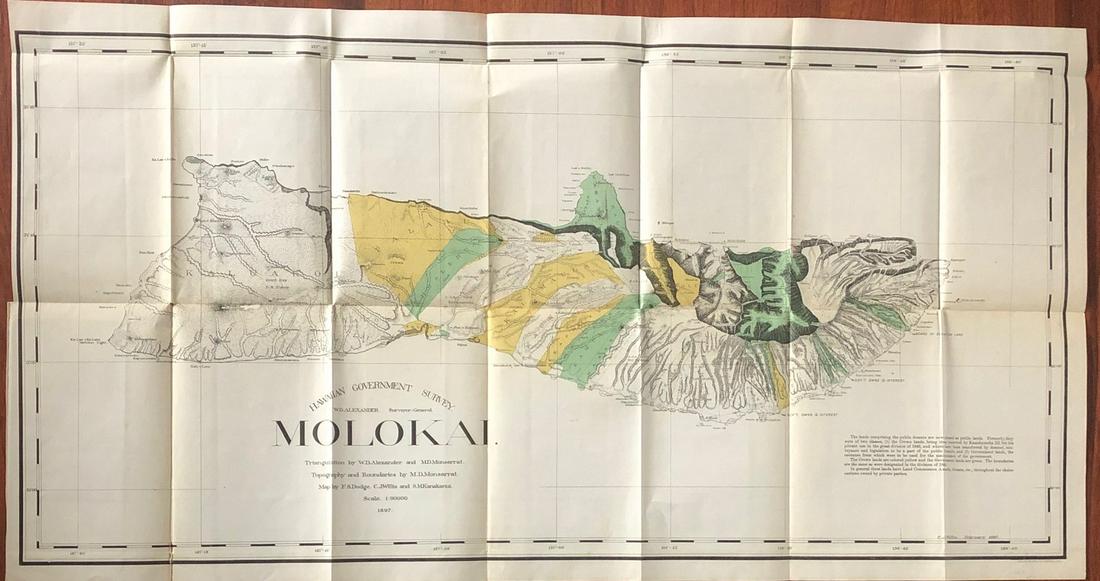 ANTIQUE MOLOKAI HAWAIIAN GOVERNMENT SURVEY LITHOGRAPH: MAP BY F.S. DODGE, C.J. WILLIS AND S.M. KANAKANUI 1897 - "C.J. WILLIS. FEBRUARY. 1897." - JULIUS BIEN & CO. PHOTO. LITH." (1826 - 1909)