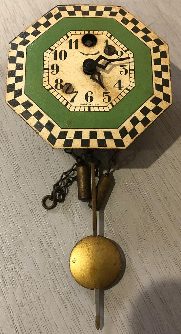 VINTAGE LUX CHECKERED ENAMEL PENDULETTE WALL CLOCK: GREEN, BLACK & WHITE CHECKERED DIAL - BRASS WEIGHTS & PENDULUM