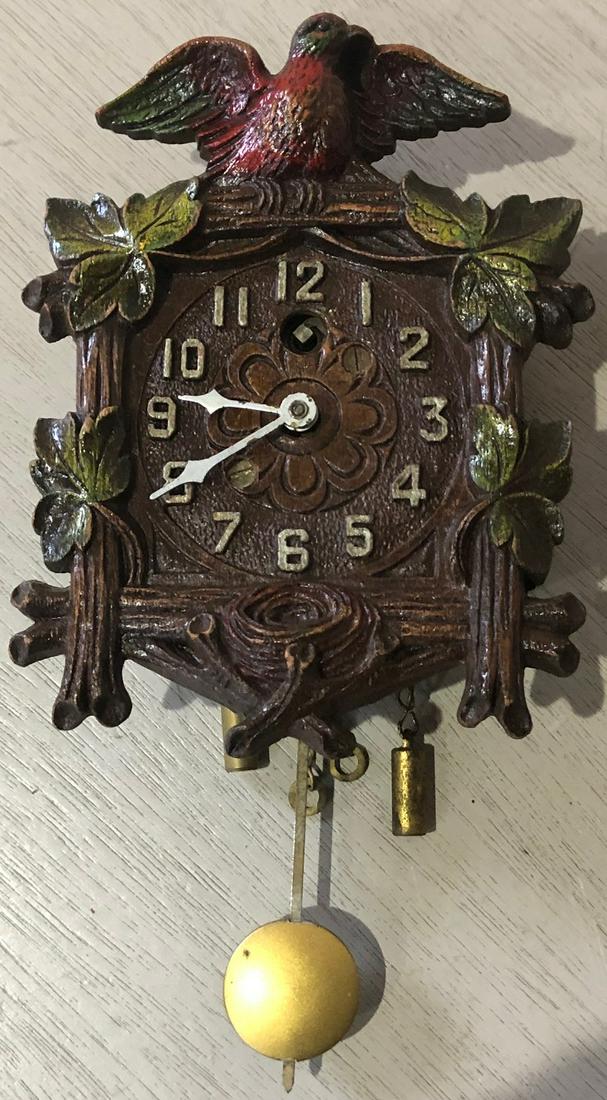 VINTAGE LUX PENDULETTE WALL CLOCK W/ PAINTED DOVE: SPREAD WING DOVE TOP - ADIRONDACK STYLE W/ LOGS & VINES, BIRD NEST - BRASS WEIGHTS & PENDULUM
