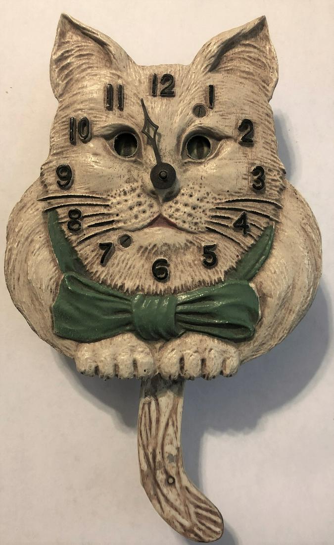 LUX ANIMATED WHITE CAT PENDULETTE CLOCK: LUX PENDULETTE ANIMATED WHITE CAT WALL CLOCK W/ MOVING EYES & TAIL - LUX CLOCK MFG. CO. WATERBURY CONN. U.S.A. - NO. 325 CIRCA 1933 - 4 3/8" X 7 1/2"