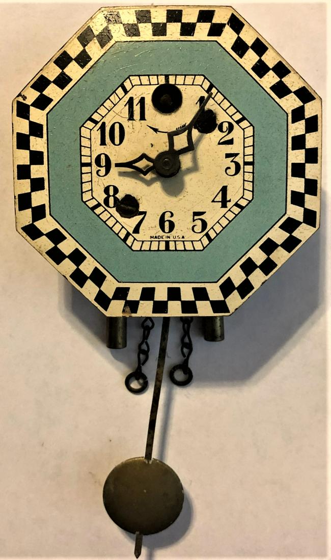 KEEBLER OCTAGONAL CHECKERED PENDULETTE CLOCK: KEEBLER CLOCK CO. BLUE, BLACK AND WHITE CHECKERED BORDER PENDULETTE WALL CLOCK - NO. 210 CIRCA 1930 - 2 3/4" X 5 1/2"