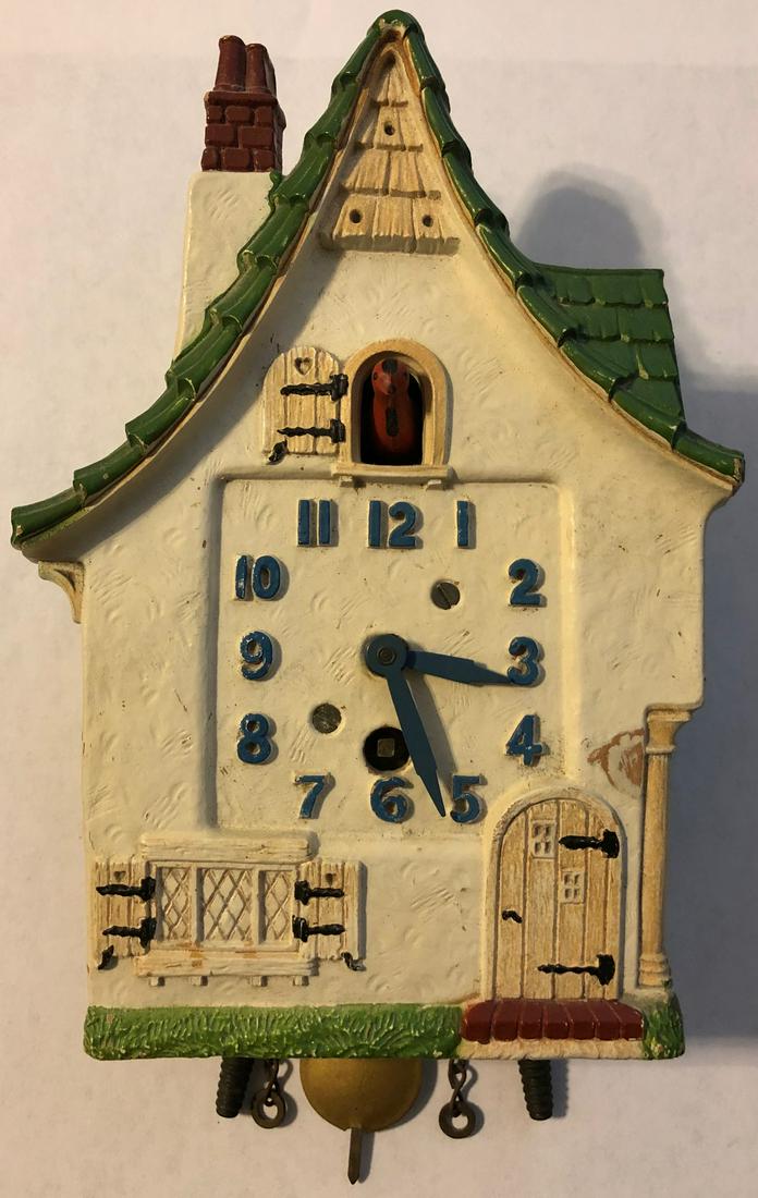 LUX ANIMATED DUTCH COTTAGE PENDULETTE CLOCK: LUX ANIMATED DUTCH COTTAGE STYLE PENDULETTE WALL CLOCK W/ GREEN ROOF - LUX CLOCK MFG. CO. WATERBURY CONN. U.S.A. - NO. 380 CIRCA 1938 - 4 1/4" X 7 1/2"