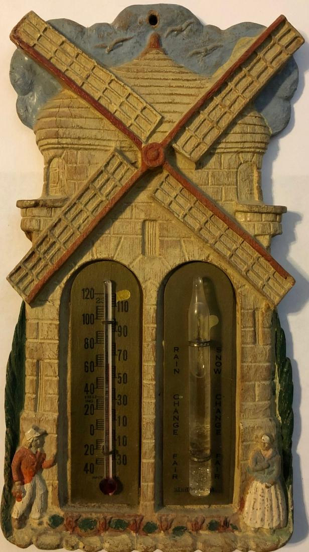 VINTAGE LUX TYPE WINDMILL THERMOMETER / BAROMETER: WINDMILL W/ MAN AND WOMAN - BLUE SKY WITH BIRDS - "MADE IN U.S.A." - THERMOMETER & BAROMETER TUBE