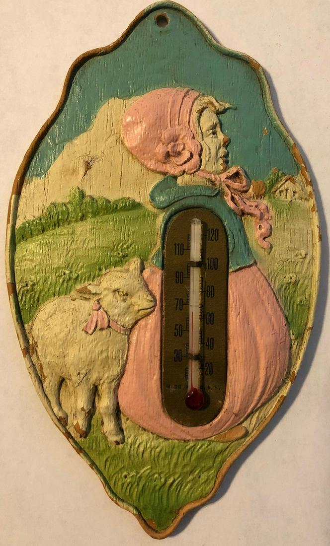 VINTAGE NURSERY RHYME PLAQUE THERMOMETER: MARY HAD A LITTLE LAMB" BY SYRACUSE ORNAMENTAL CO. NEW YORK - 3 1/4" X 5 3/4