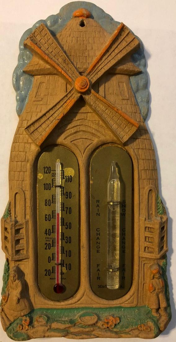 VINTAGE LUX TYPE WINDMILL THERMOMETER / BAROMETER: WINDMILL W/ MAN AND WOMAN - BLUE SKY - "MADE IN U.S.A." - THERMOMETER & BAROMETER TUBE
