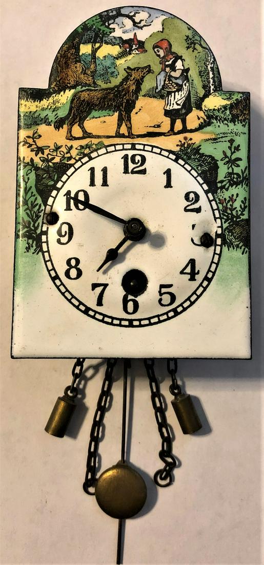 PORELAIN / ENAMEL LITTLE RED RIDING HOOD PENDULETTE: WALL CLOCK - LITTLE RED RIDING HOOD AND THE WOLF