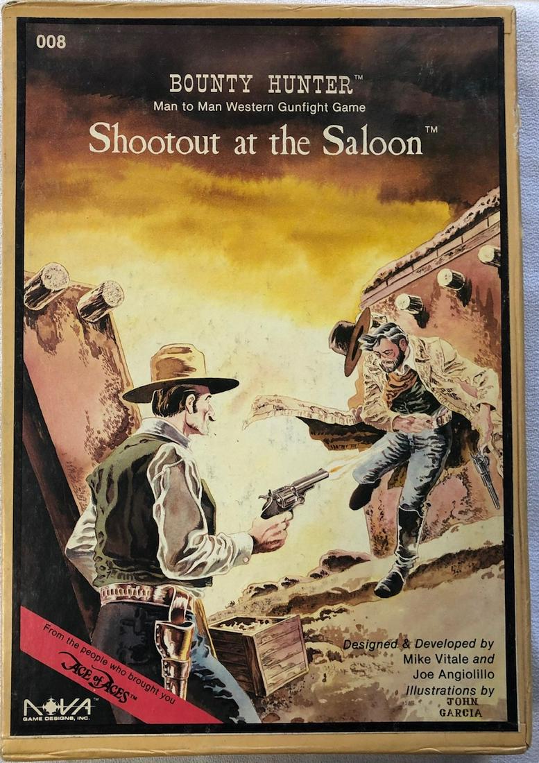 VINTAGE "SHOOTOUT AT THE SALOON" GAME IN ORIGINAL BOX: BOUNTY HUNTER MAN TO MAN WESTERN GUN FIGHT GAME