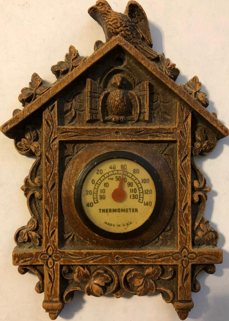 VINTAGE LUX TYPE CUCKOO STYLE THERMOMETER: WITH BIRD TOP - MADE IN U.S.A.