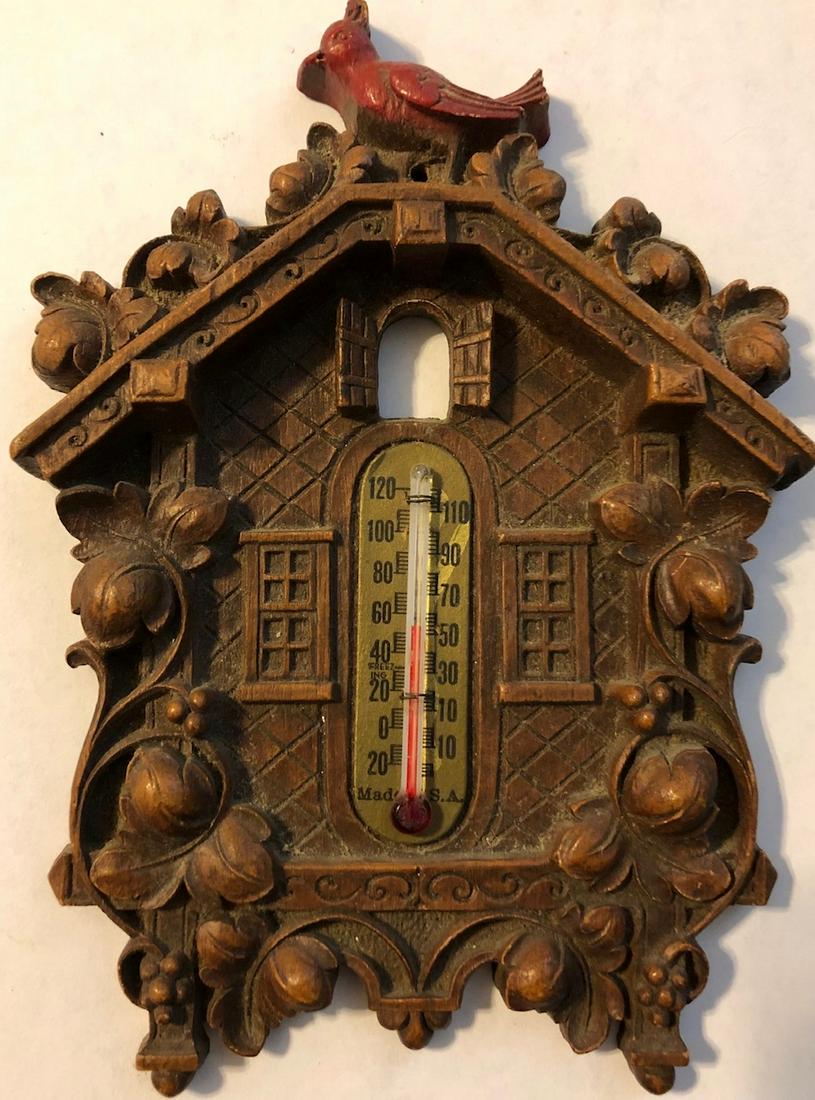 VINTAGE LUX TYPE CUCKOO STYLE THERMOMETER: WITH RED BIRD TOP - MADE IN U.S.A.