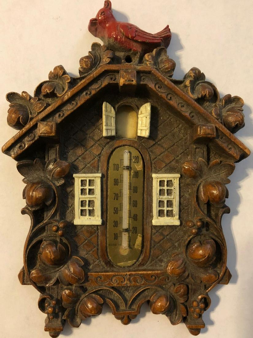 VINTAGE LUX TYPE CUCKOO STYLE THERMOMETER: WITH RED BIRD TOP AND WHITE WINDOWS - MADE IN U.S.A.