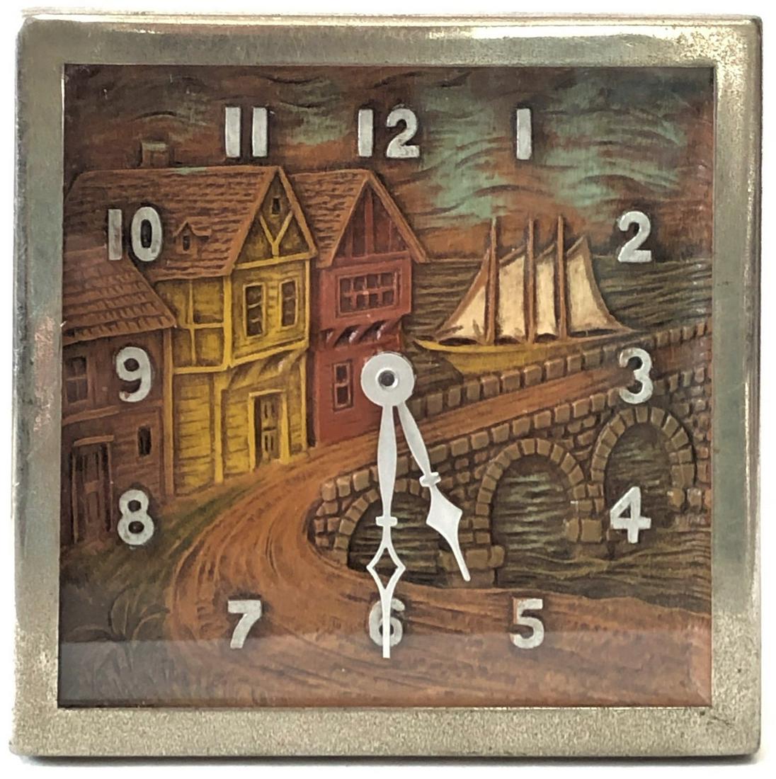 LUX WATERFRONT SCENE SHELF CLOCK: WITH BUILDINGS, BOAT, STONE BRIDGE, ETC. - THE LUX CLOCK MFG. CO. WATERBURY, CONN. U.S.A.