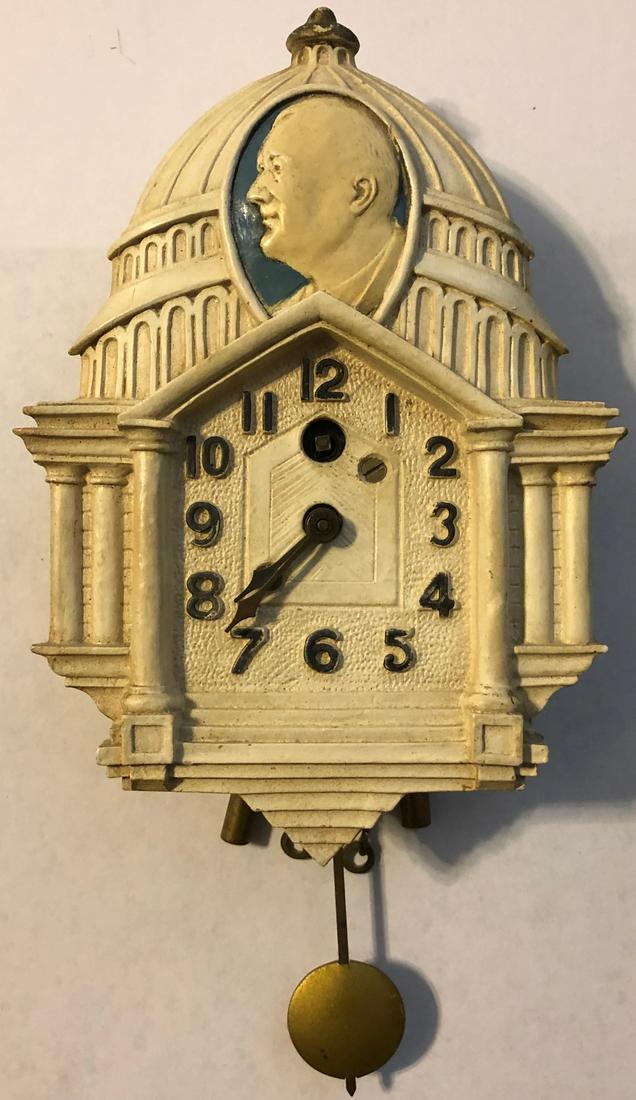 LUX U.S. CAPITOL & FDR PROFILE PENDULETTE CLOCK: LUX U.S. CAPITOL & PROFILE OF FDR (FRANKLIN D. ROOSEVELT) PENDULETTE WALL CLOCK - LUX CLOCK MFG. CO. WATERBURY CONN. U.S.A. - NO. 332 CIRCA 1935 - 3 3/4" X 6 1/2"