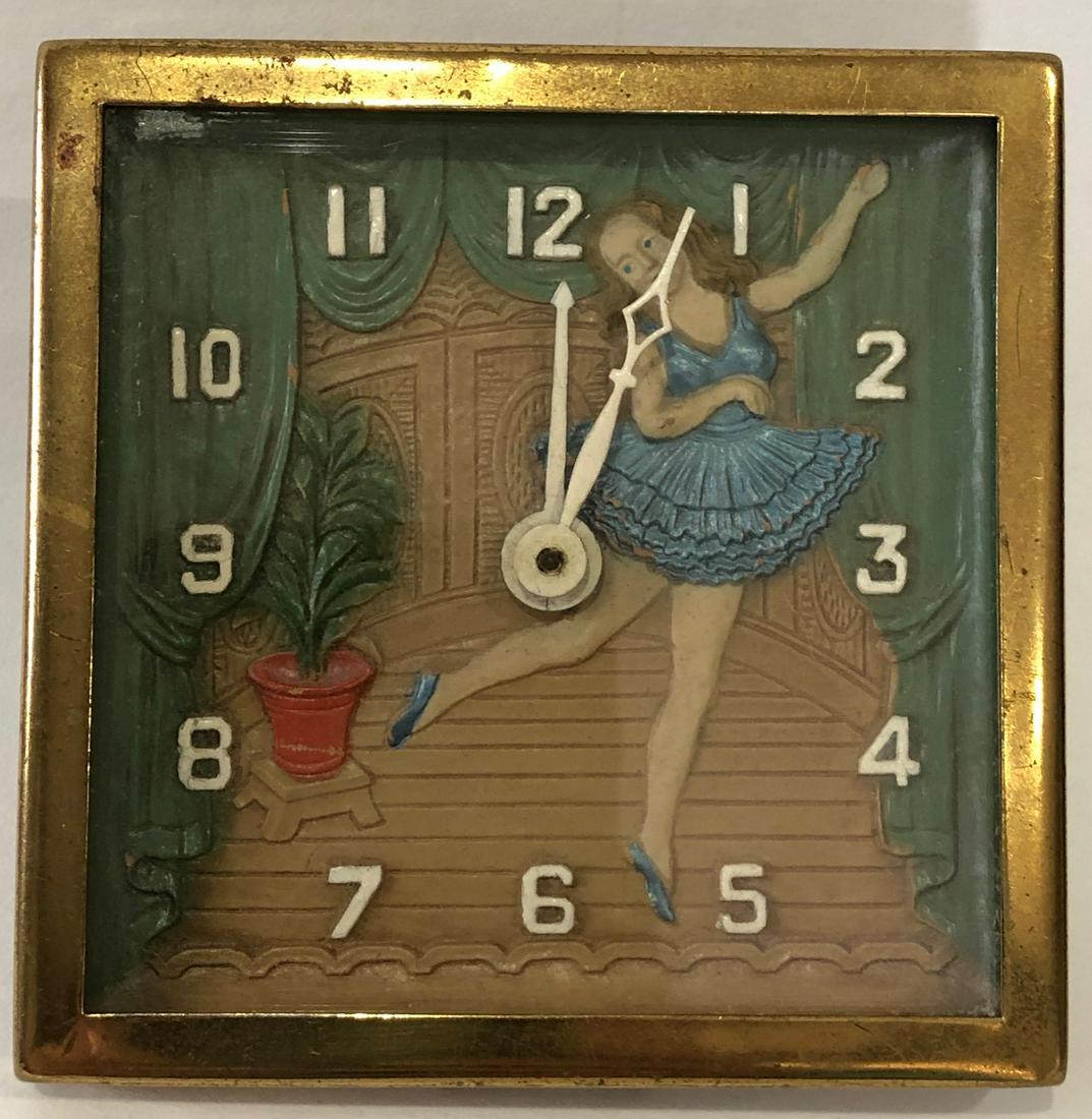 LUX BALLERINA SHELF CLOCK: THE LUX CLOCK MFG. CO. WATERBURY CONN. U.S.A. - CIRCA 1930 - 3 3/4" SQUARE