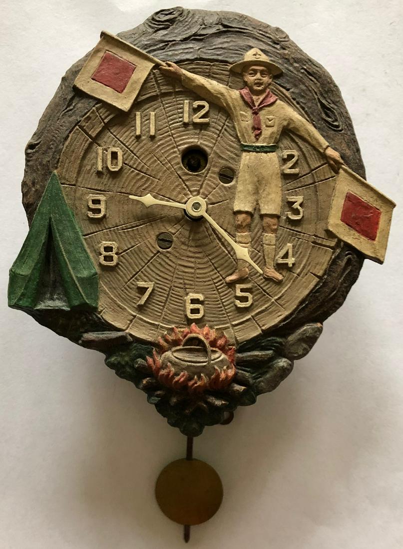 LUX BOYSCOUT PENDULETTE WALL CLOCK: THE LUX CLOCK MFG. CO. WATERBURY CONN. U.S.A. - NO. 304 - CIRCA 1930 - 6 3/8" HIGH X 4 3/8" WIDE