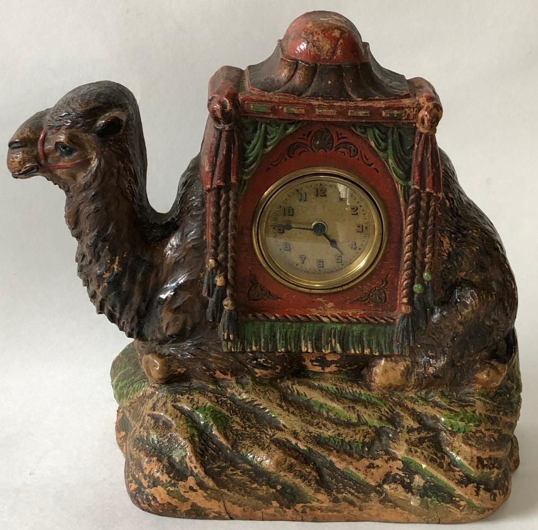 LUX LARGE FIGURAL CAMEL SHELF CLOCK: THE LUX CLOCK MFG. CO. WATERBURY CONN. U.S.A. - FOR "DELUXE ART CLOCKS / THE DELUXE CLOCK & MFG. CO. NEW YORK"CIRCA 1921 - 8" HIGH X 9" WIDE