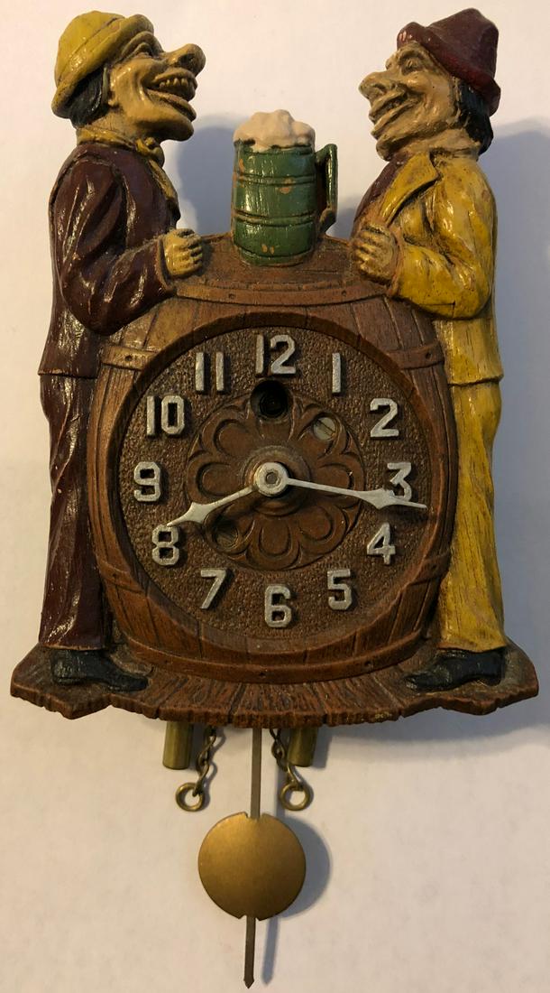 LUX BEER BARREL DRINKERS PENDULETTE WALL CLOCK: LUX BEER BARREL DRINKERS 'HAPPY DAYS' PENDULETTE WALL CLOCK - LUX CLOCK MFG. CO. WATERBURY CONN. U.S.A. - NO. 311 CIRCA 1933 - 3 1/2" X 7 1/2"
