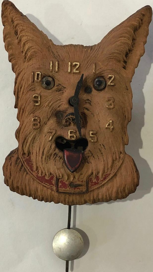LUX / KEEBLER ANIMATED BROWN SCOTTY DOG PENDULETTE: KEEBLER ANIMATED BROWN SCOTTY DOG PENDULETTE WALL CLOCK - WAGGING TONGUE - KEEBLER CLOCK CO. PHILADELPHIA, PA. - NO. 317 CIRCA 1937 - 3 3/4" X 7 1/2"
