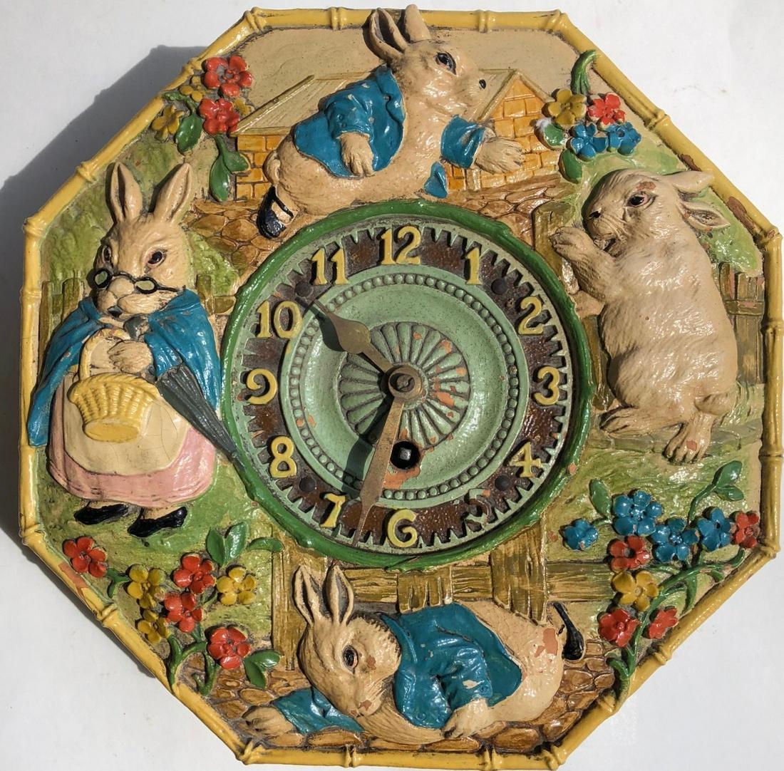 LG. LUX OCTAGONAL JUVENILE RABBIT WALL CLOCK: THE LUX CLOCK MFG. CO. WATERBURY CONN. U.S.A. - FOR "DELUXE ART CLOCKS / THE DELUXE CLOCK & MFG. CO. NEW YORK" - CIRCA 1927 - 16 1/4" HIGH X 11 1/8" - 9" HIGH X 9" WIDE - NO PENDULUM