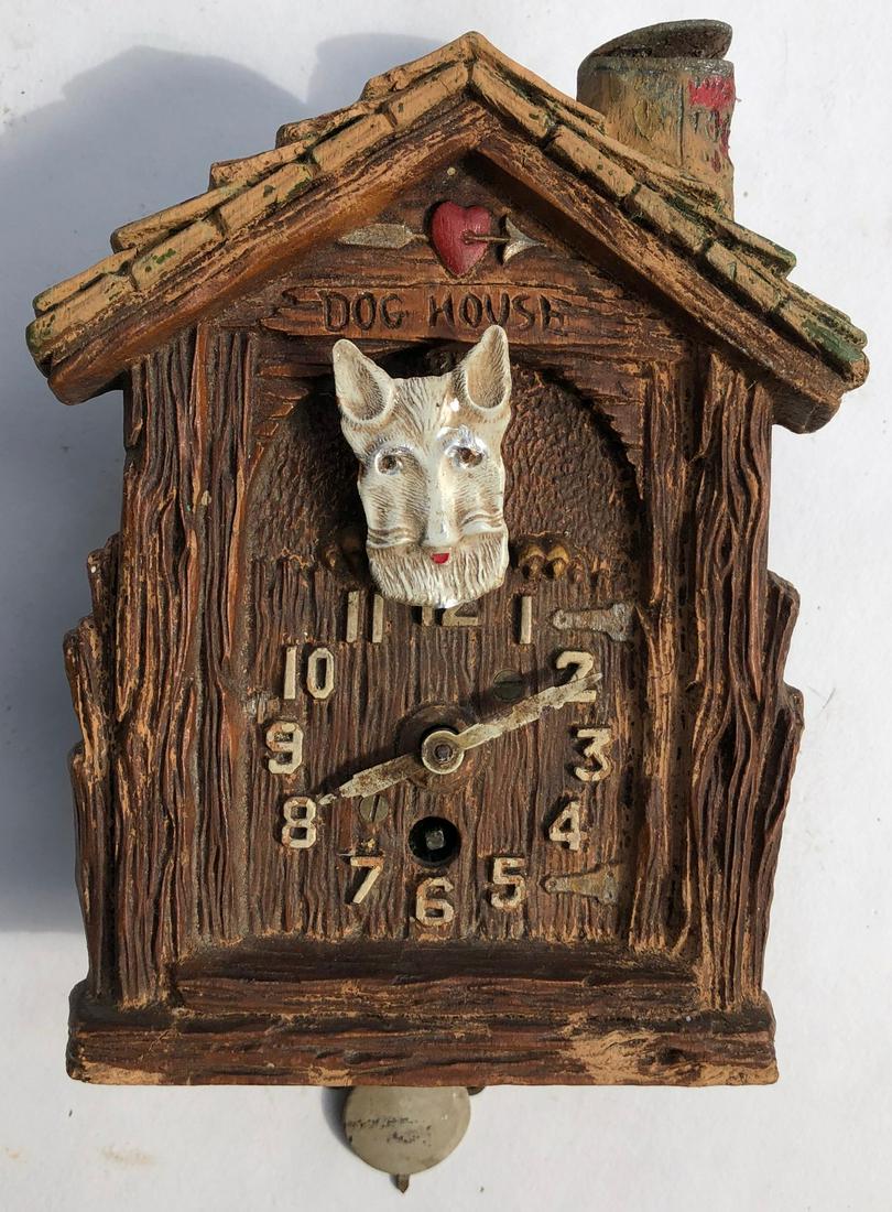LUX ANIMATED DOG HOUSE PENDULETTE WALL CLOCK: DOG HOUSE WITH ANIMATED 'ROCKING' / 'TILTING' SCOTTY DOG HEAD - THE LUX CLOCK MFG. CO. WATERBURY CONN. U.S.A. - NO. 333 - CIRCA 1937