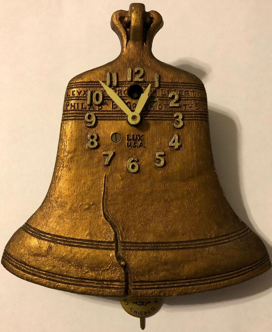 LUX GILT LIBERTY BELL PENDULETTE CLOCK: THE LUX CLOCK MFG. CO. WATERBURY CONN. U.S.A. - NO. 385 - CIRCA 1933 -6" HIGH X 5 1/4" WIDE - 1933 CHICAGO WORLD'S FAIR "CENTURY OF PROGRESS" - EXCELLENT ORIGINAL GILT / BRONZED FINISH