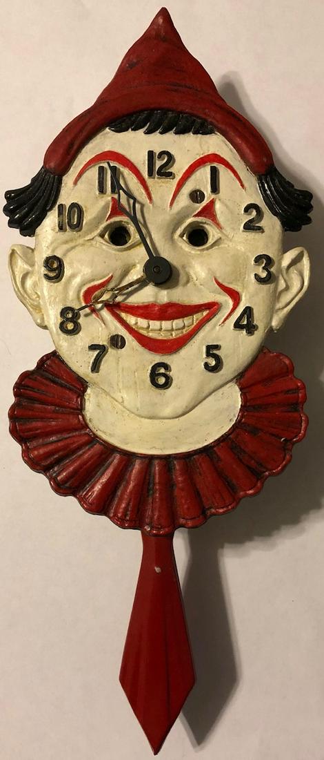 LUX ANIMATED CLOWN W/ RED TIE PENDULETTE CLOCK: LUX PENDULETTE ANIMATED CLOWN CLOCK W/ RED HAT & COLLAR AND RED TIE - EYES & TIE MOVE - LUX CLOCK MFG. CO. WATERBURY CONN. U.S.A. - NO. 324 CIRCA 1935 - 4" X 9 1/4" - ORIGINAL BOX