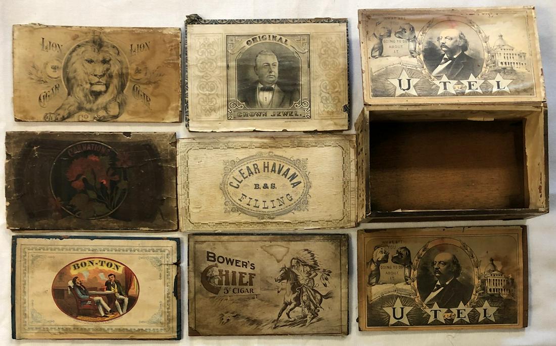 LOT 8 WOODEN ADVERTISING CIGAR BOX LIDS: 1 COMPLETE BOX AND 7 LIDS WITH VARIOUS ADVERTISING - "CROWN JEWEL", "LION CIGAR", "U-TEL", "BOWER'S CHIEF", "CLEAR HAVANA", "BON-TON", "CARNATIONS"