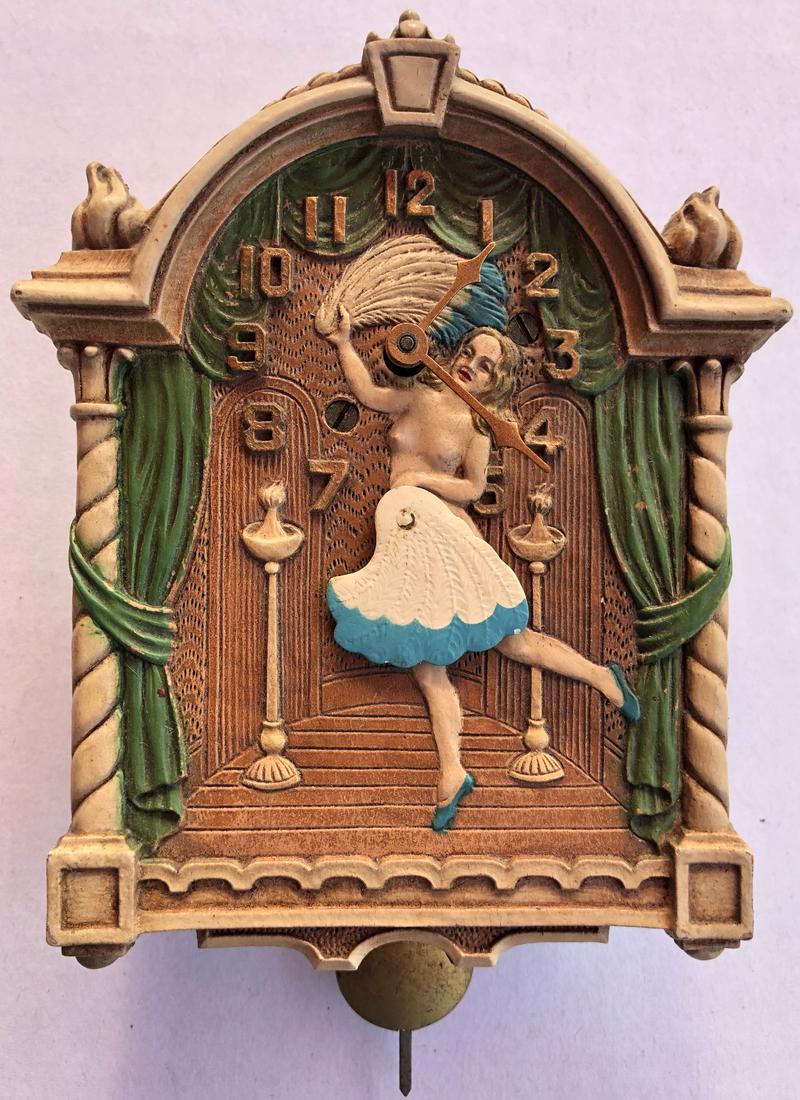 LUX ANIMATED 'SALLY RAND' FAN DANCER PENDULETTE CLOCK: LUX ANIMATED 'SALLY RAND' FAN DANCER ('FLAMINGO DANCER') PENDULETTE WALL CLOCK - SKIRT GOES BACK AND FORTH - LUX CLOCK MFG. CO. WATERBURY CONN. U.S.A. - NO. 335 CIRCA 1933 - 4" X 6 1/4"