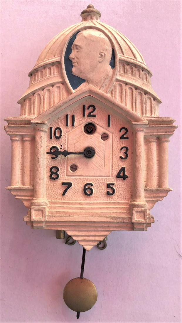 LUX U.S. CAPITOL & FDR PROFILE PENDULETTE CLOCK: LUX U.S. CAPITOL & PROFILE OF FDR (FRANKLIN D. ROOSEVELT) PENDULETTE WALL CLOCK - LUX CLOCK MFG. CO. WATERBURY CONN. U.S.A. - NO. 332 CIRCA 1935 - 3 3/4" X 6 1/2"