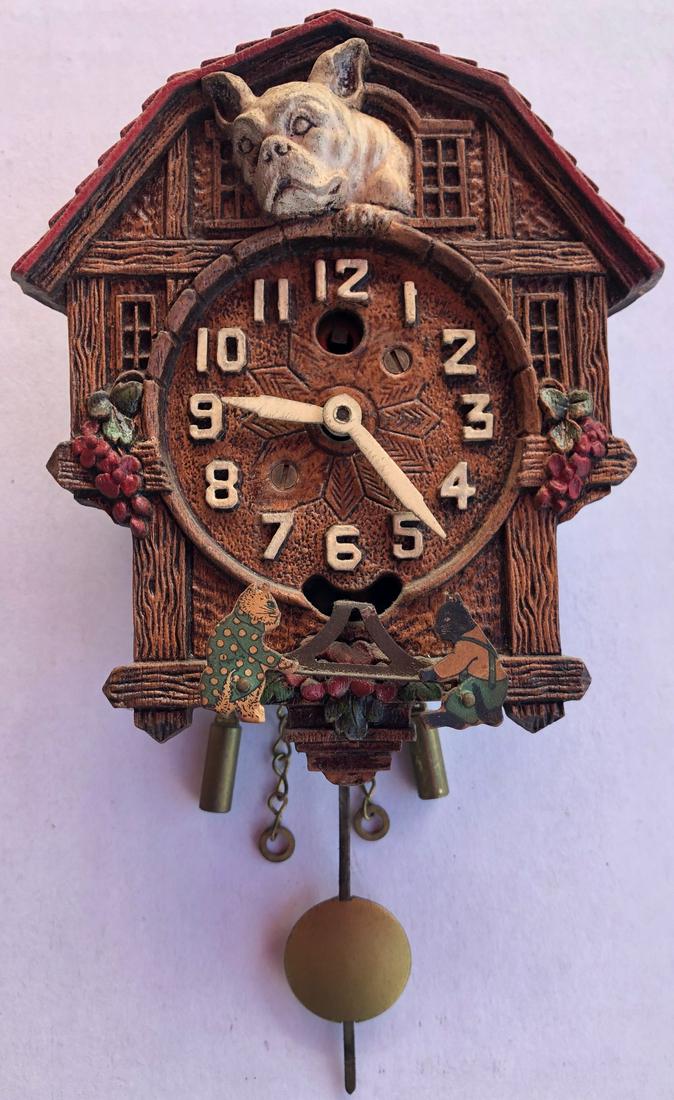 KEEBLER ANIMATED TEETER-TOTTER PENDULETTE CLOCK W/: KEEBLER CLOCK CO. 'BULLDOG W/ KITTENS' PENDULETTE WALL CLOCK WITH ANIMATED TEETER-TOTTER CATS AND BULLDOG HEAD - NO. 375 CIRCA 1930 - 4" X 4 3/4" - ORIGINAL KITTENS!