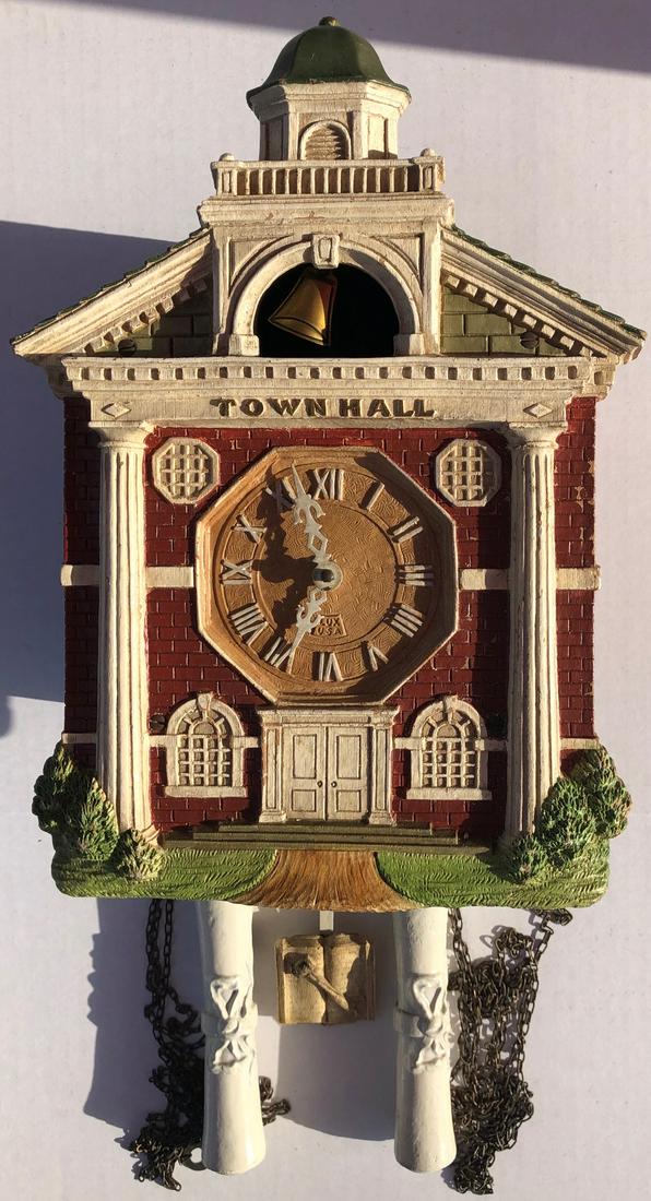 LUX "TOWN HALL" WEIGHT DRIVEN WALL CLOCK: ORIGINAL WEIGHTS & PENDULUM…PENDULUM WITH OPEN BOOK AND GAVEL - BELL SWINGS BACK & FORTH AS IT CHIMES - LUX CLOCK MFG. CO. WATERBURY CONN. U.S.A. - C. 1940 - FACE 12" H X 8 1/2" W