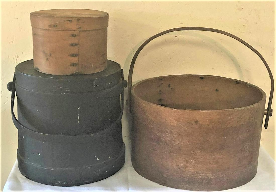 GROUPING 19TH C. WOODEN COUNTRY ACCESSORIES: FIRKIN AND 2 PANTRY BOXES