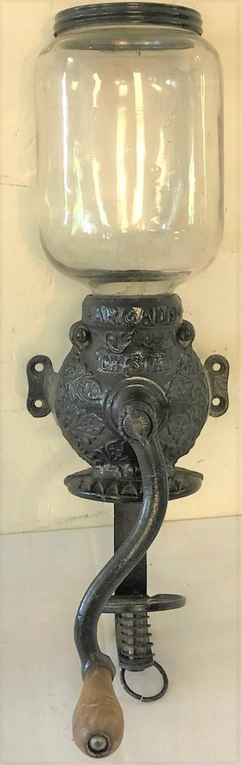 CAST IRON "CRYSTAL ARCADE" COFFEE GRINDER: ANTIQUE WALL MOUNT "CRYSTAL ARCADE" COFFEE GRINDER / MILL, GLASS JAR INTACT W/ TIN LID