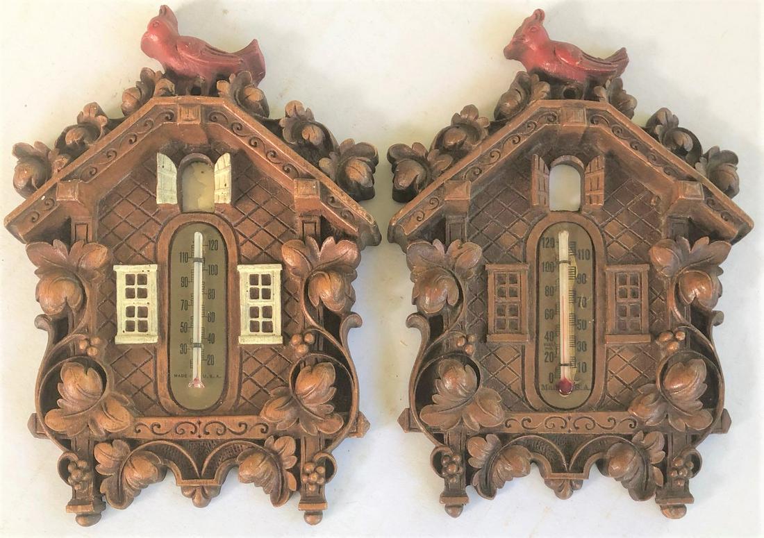 LOT 2 VINTAGE LUX TYPE CUCKOO STYLE THERMOMETERS: BIRD TOPS AND OPEN WINDOWS - MADE IN U.S.A.
