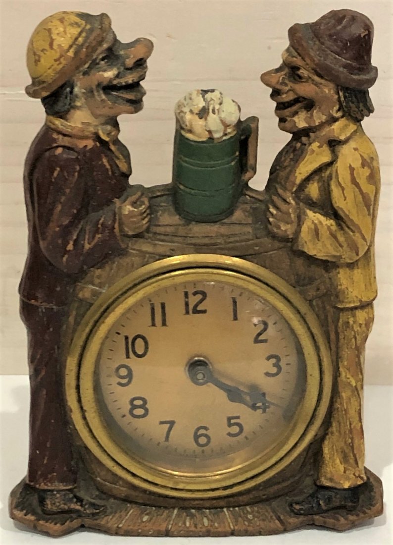 LUX 'HAPPY DAYS' / BEER BARREL DRINKERS SHELF CLOCK: IN ORIGINAL PAINT...THE LUX CLOCK MFG. CO. WATERBURY CONN. U.S.A. FOR "MAYNZ & CO. NEW YORK"