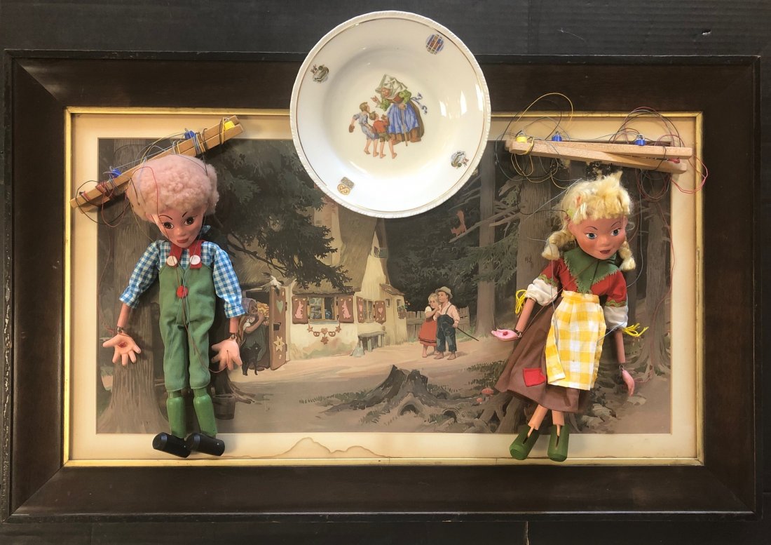 VINTAGE HANSEL & GRETEL GROUPING: HANSEL & GRETEL ENGLISH "PELHAM PUPPETS" (MARIONETTES), LARGE FRAMED PRINT AND GERMAN PORCELAIN BOWL - 33" X 20 1/4" FRAME