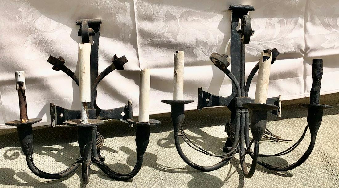 PR. ARTS & CRAFTS ERA WROUGHT IRON SCONCES: WROUGHT IRON ELECTRIFIED (OR CANDLE) 3 LIGHT WALL SCONCES