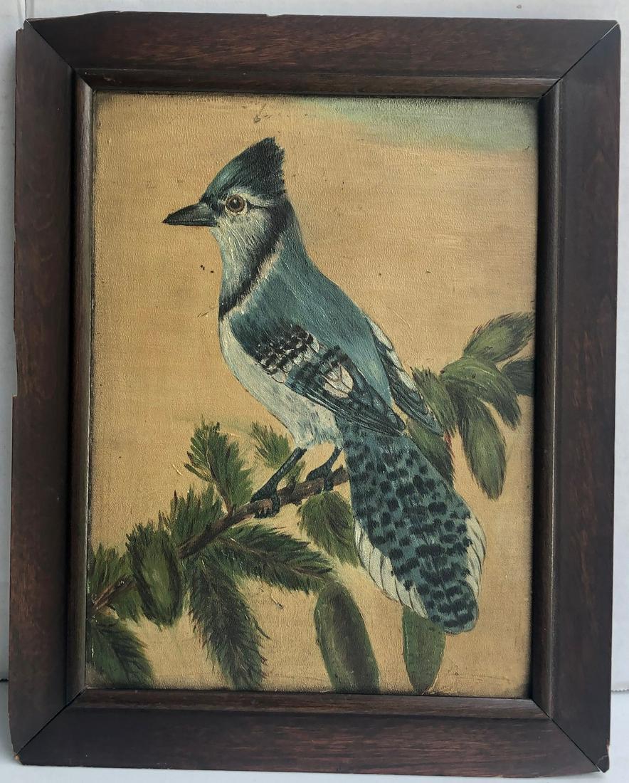 BIRD PAINTING ON ACADEMY BOARD OF BLUE JAY: 19TH CENTURY OIL ON ACADEMY BOARD OF BLUE JAY ON A BRANCH - PERIOD FRAME