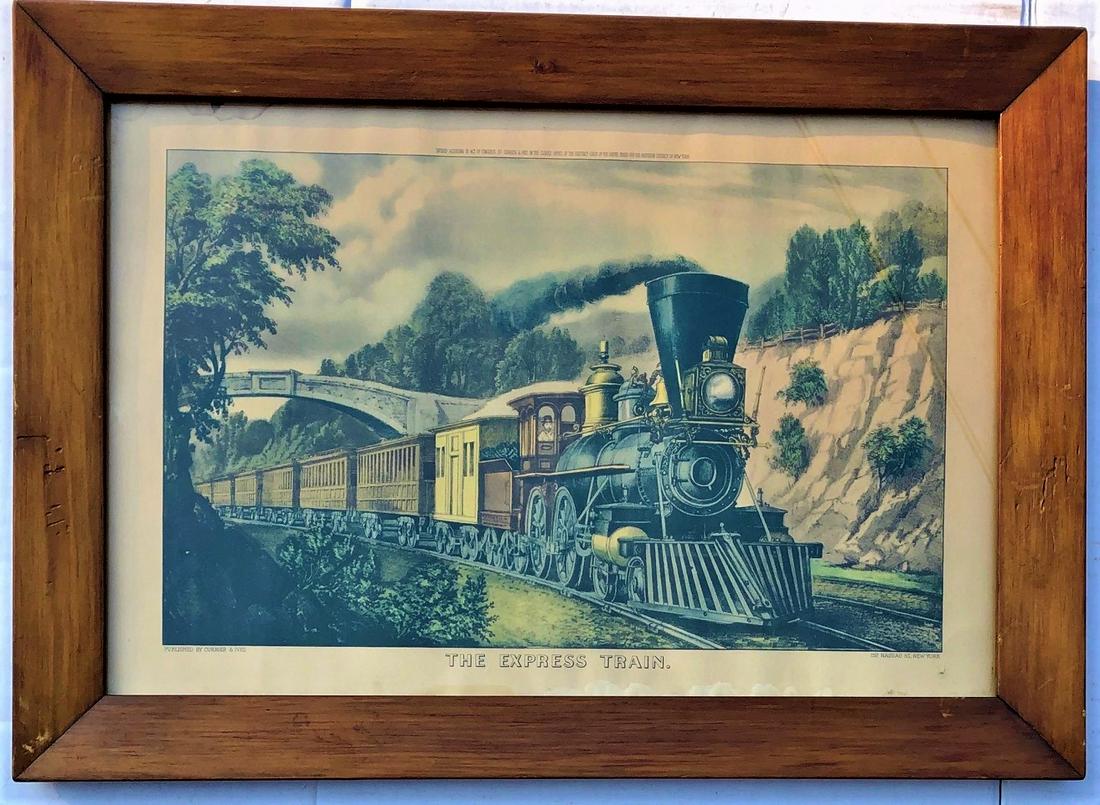 CURRIER & IVES LITHOGRAPH "THE EXPRESS TRAIN": CIRCA 1870 - IN PERIOD 19TH CENTURY FRAME - "PUBLISHED BY CURRIER & IVES" / "152 NASSAU ST., NEW YORK" / ENTERED ACCORDING TO ACT OF CONGRESS, BY CURRIER & IVES IN THE CLERKS OFFICEâ€¦" GOOD CONDI