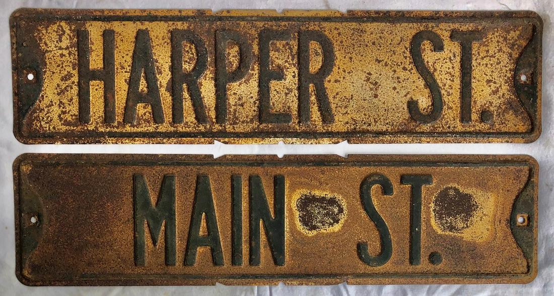LOT 2 VINTAGE STREET SIGNS FROM CHARLEMONT MASS.: "HARPER ST." AND "MAIN ST." - RUST, WEAR CONSISTENT WITH AGE