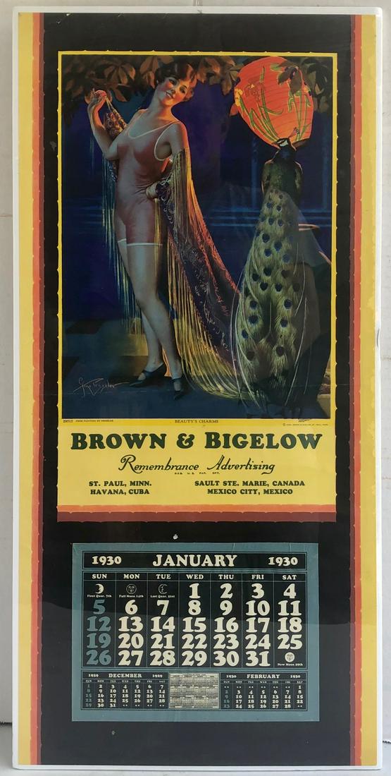 1930 BROWN & BIGELOW ART DECO CALENDAR: ART DECO WITH LADY AND PEACOCK - "FROM PAINTING BY GENE PRESSLER" / "1928 . BROWN & BIGELOW, ST. PAUL, MINN."