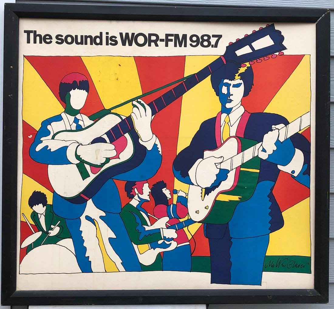 MILTON GLASER LITHOGRAPH POSTER "THE SOUND IS WOR-FM: Glaser, Milton (American, b. 1929). "The Sound is WOR-FM 98.7." 1966. Lithograph poster in colors...Glaser was recruited to capture stereophonic sound by the GM of WOR-FM's New York City flagshipDIMEN