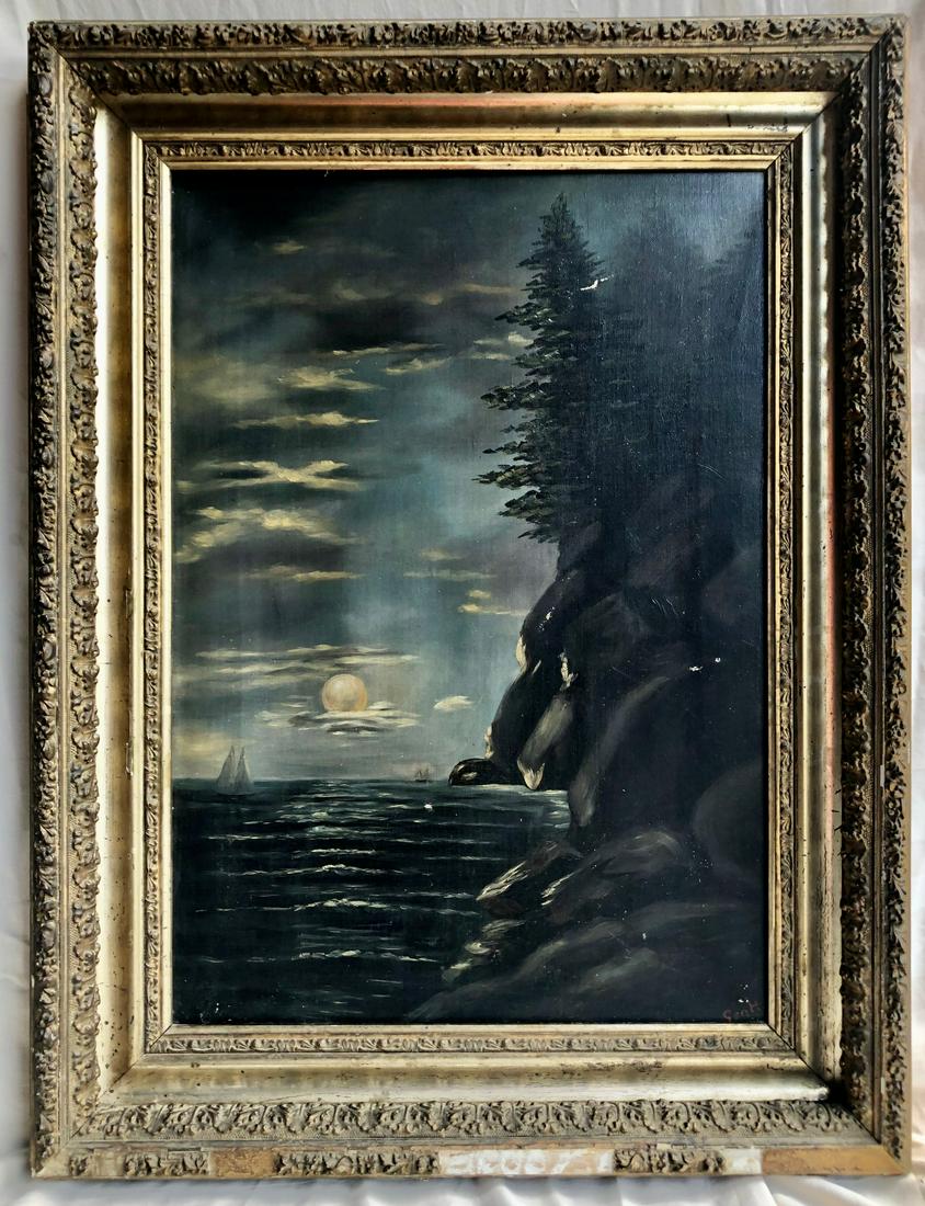 O/C NIGHT TIME SEASCAPE PAINTING SIGNED "SCOTT": NIGHT TIME SEASCAPE WITH OVERCAST SKIES, SAIL BOATS, MOON, ROCKY CLIFFS, ETC. IN 19TH CENTURY "OLIVER BALLOU" (LABEL INTACT) GILT GESSO FRAME - FRAME WITH LOSSES AT BOTTOM - WRITING IN PENCIL ON REVER