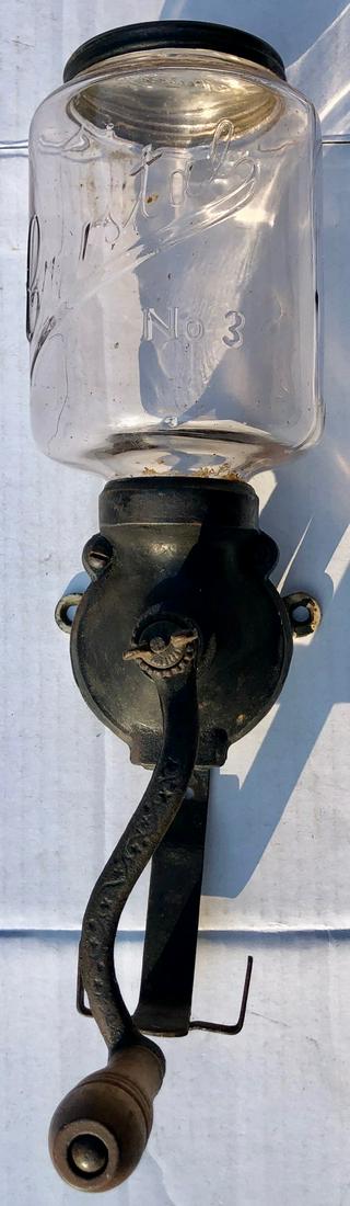 CAST IRON ARCADE CRYSTAL #3 WALL MOUNT COFFEE GRINDER: COFFEE GRINDER / COFFEE MILL WITH GLASS JAR EMBOSSED "CRYSTAL NO. 3" WITH ORIGINAL METAL LID