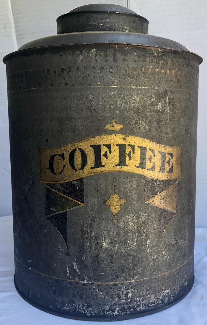 LG. TIN TOLEWARE COFFEE CANNISTER: STENCILED GILT AND BLACK DECORATION AND "COFFEE" - HINGED LID