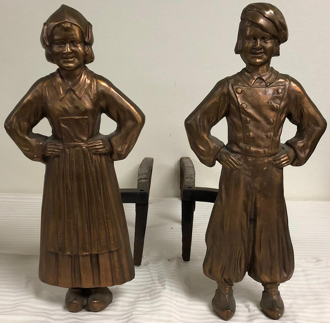 PR. BRONZED CAST IRON AMISH FIGURE ANDIRONS: BRONZE FINISH OVER CAST IRON - MARKED ON "FIRE DOGS" IN RAISED LETEERS "ROSTAND X"