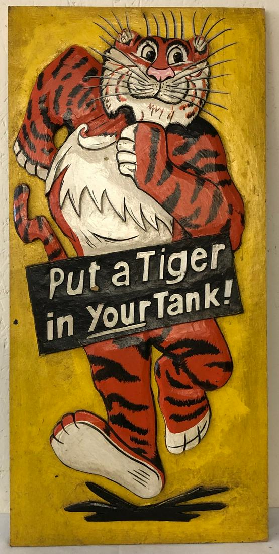 VINTAGE ESSO "PUT A TIGER IN YOUR TANK" WOODEN: UNIQUE 3 DIMENSIONAL CARVED WOODEN ESSO TIGER GASOLINE ADVERTISING SIGNDIMENSIONS: 27 1/2" HIGH X 13 1/4" WIDE X 5/8" DEEP (THICK)