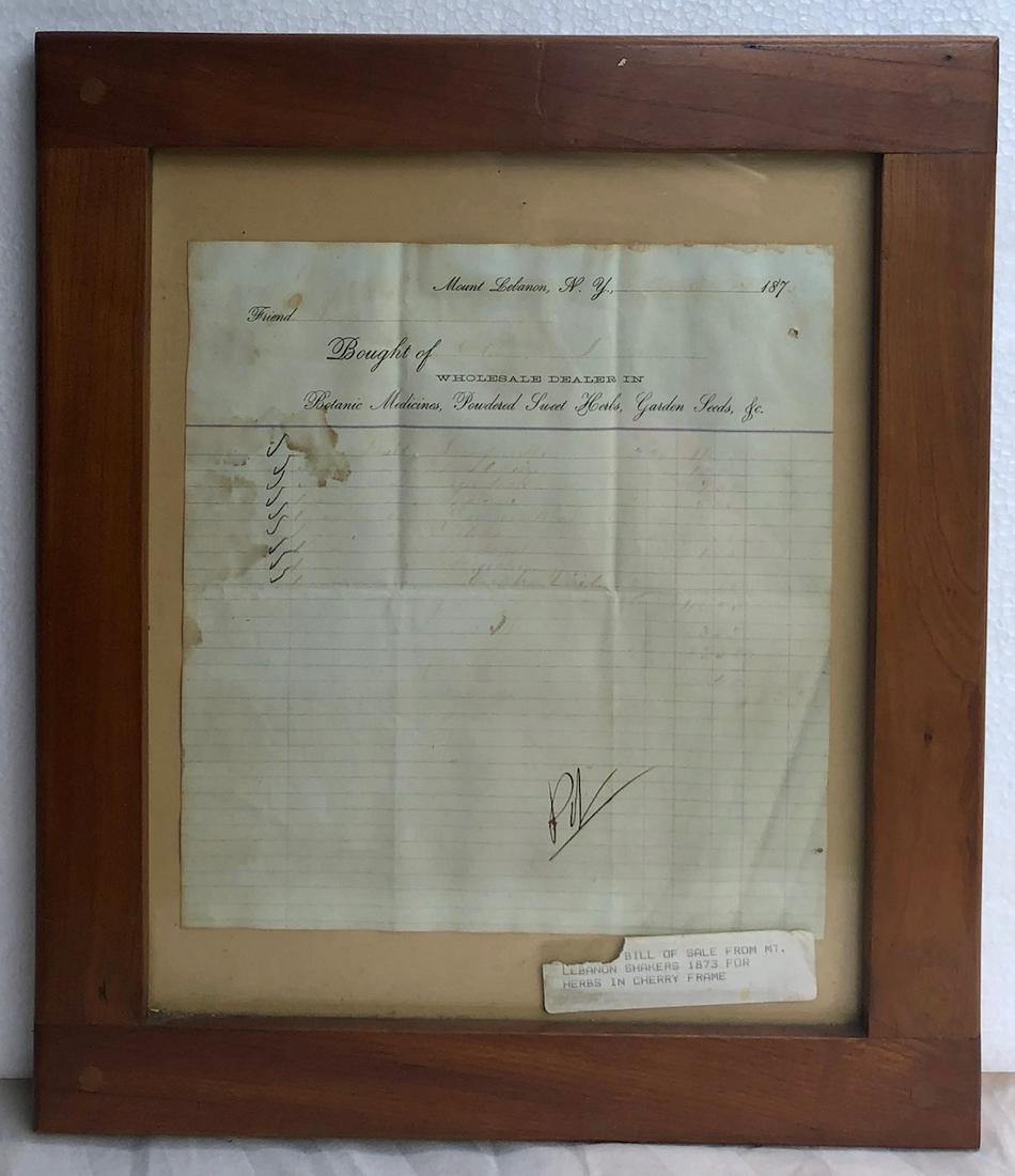 ORIGINAL 1873 MT. LEBANON SHAKERS BILL OF SALE: ORIGINAL MT. LEBANON SHAKER'S BILL OF SALE FOR HERBS - IN CHERRY FRAMEDIMENSIONS: FRAME 14" X 12"